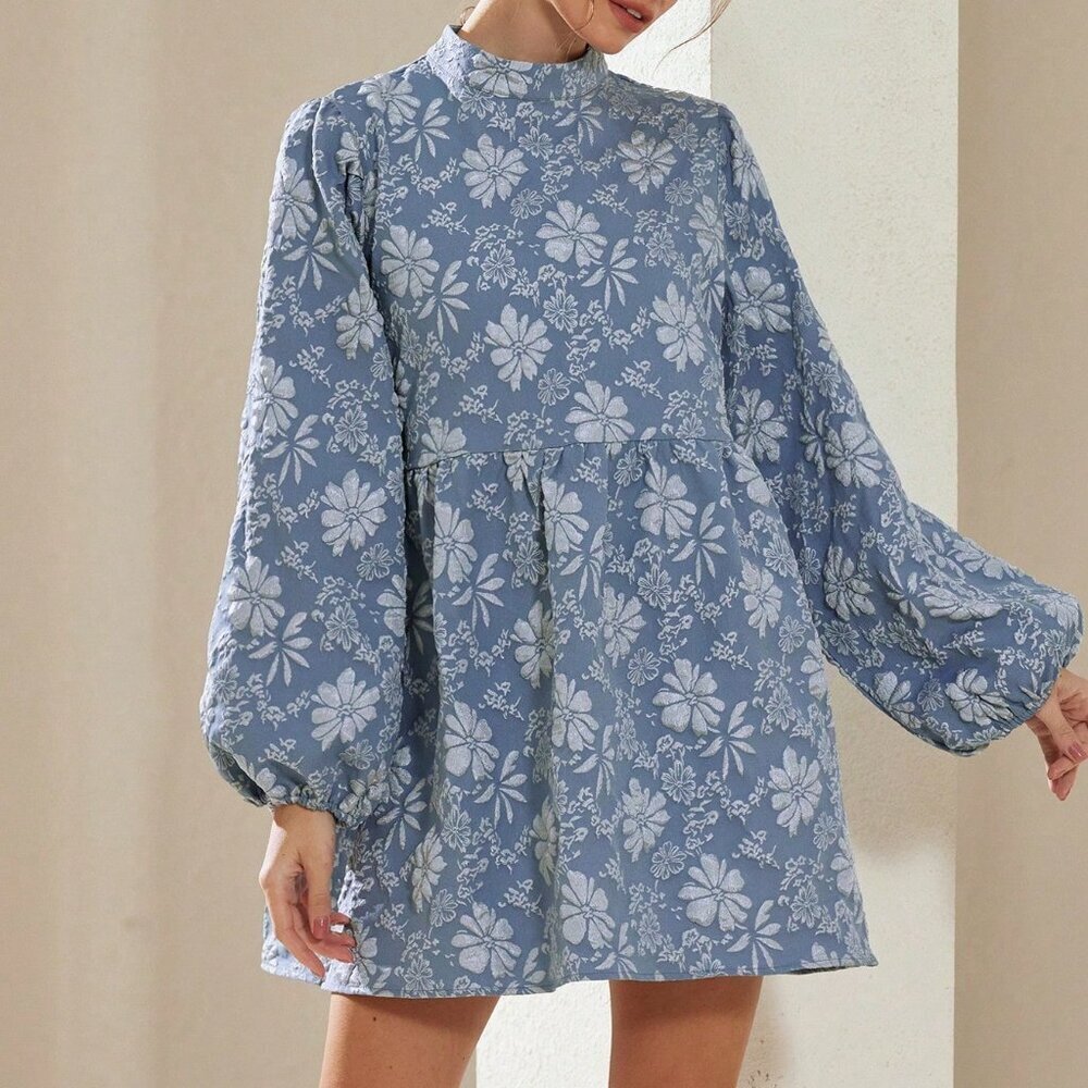 Blue Elegant Women's Textured Floral Lantern Sleeve A-Line Mini Dress - Picture 4 of 6